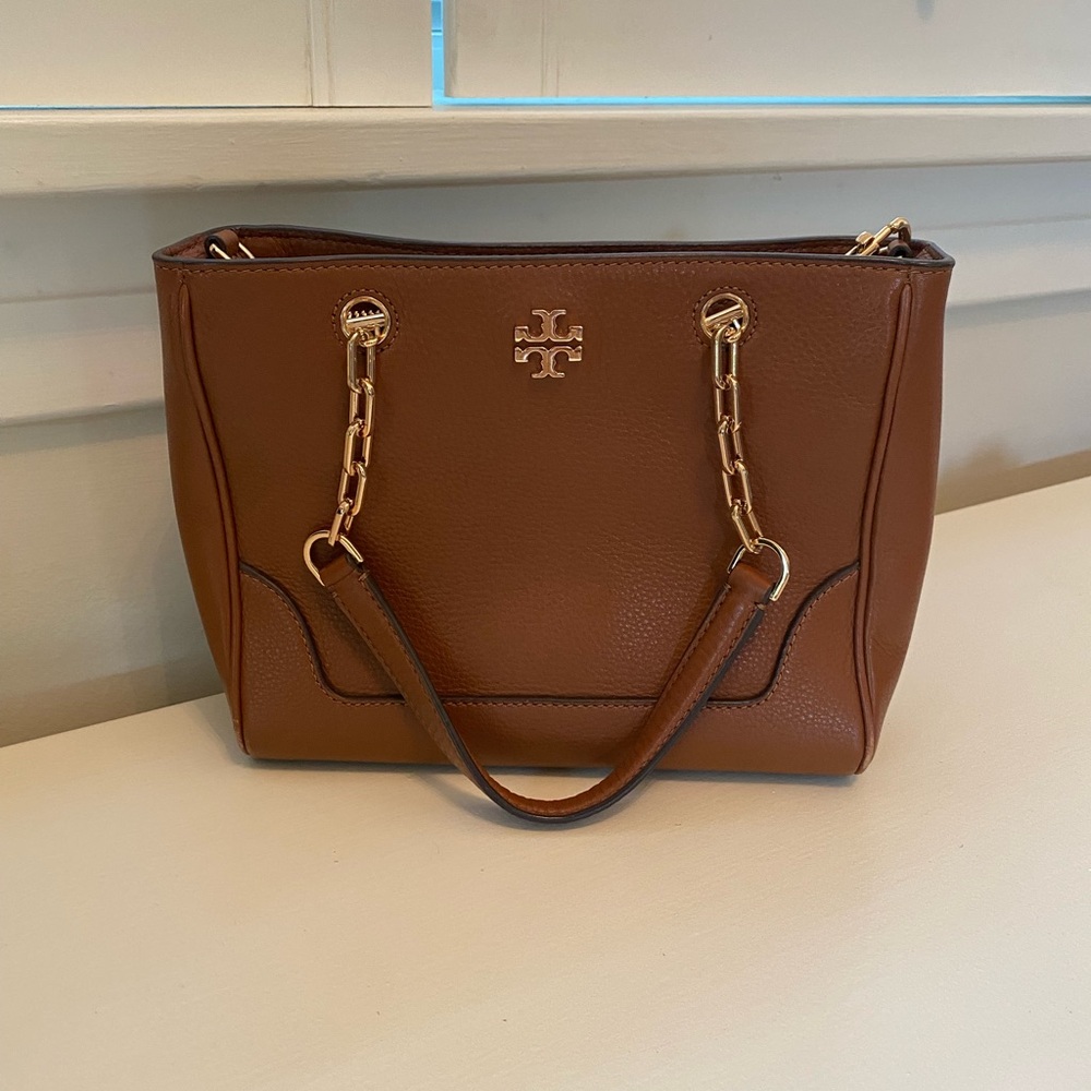 Tory Burch Tan Structured Tote with Gold Logo - Picture 2 of 10